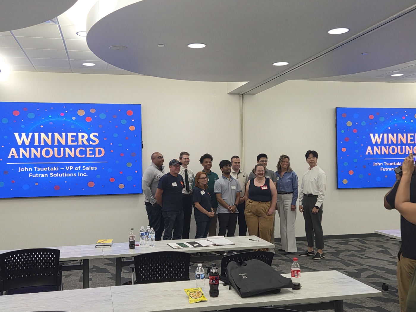 Event group photo at the AWS pitch competition following the awards announcement